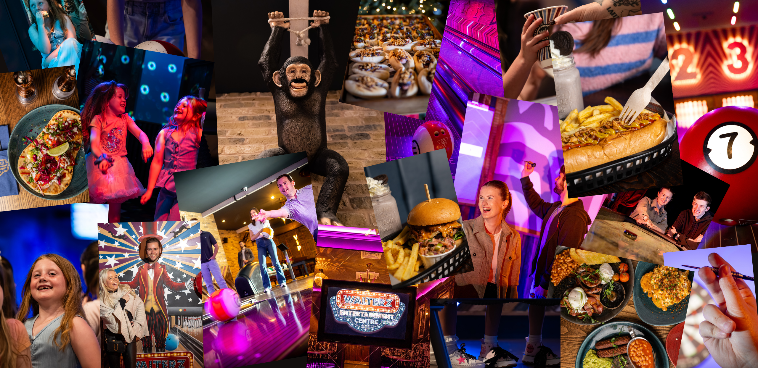 Header image compromised of several smaller images of food, childrens parties, the venue images and games.